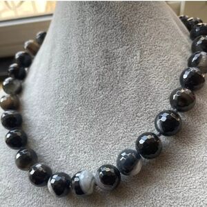 14mm Natural Faceted Black Striped Agate Onyx Gemstone Round Beaded Necklace 18"